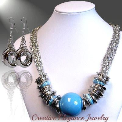 Chunky Blue and Silver, Statement Necklace & Earrings Set