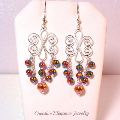 Beaded multi-color Chandelier Earrings, set in 92.5 Sterling Silver