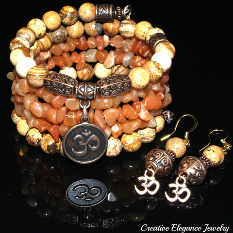 Picture Jasper And Red Aventurine Gemstone, Om Charms Cuff Wrap Bracelet And Earrings Set
