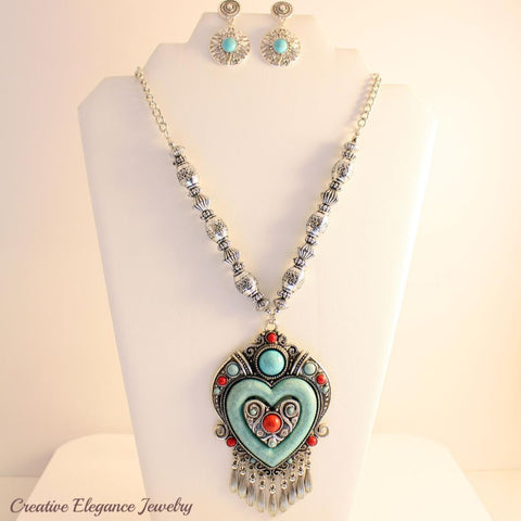 Turquoise Heart, Statement Necklace & Earrings Set