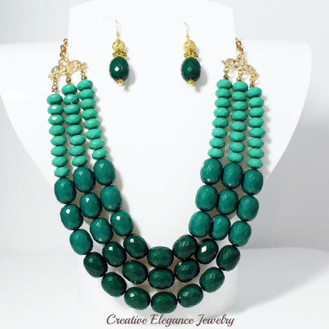 Green Color-Blocked, Layered Beaded Necklace & Earrings Set