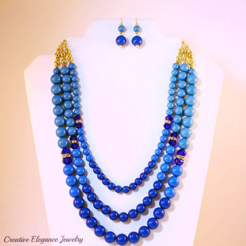 Layered Shades-of-Blue, Beaded Necklace & Earrings Set