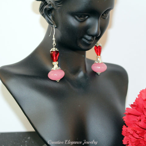 Pink and Red Beaded Drop Earrings