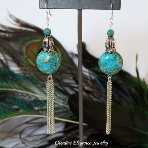 Mosaic Turquoise, Silver Chain Dangle Earrings