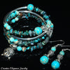 Blue Turquoise Magnesite, Imperial Jasper And Turquoise Gemstone, Charms Cuff Wrap Bracelet And Earrings Set.