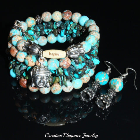 Blue Turquoise Magnesite, Imperial Jasper And Turquoise Gemstone, Buddha Charm Cuff Wrap Bracelet And Earrings Set