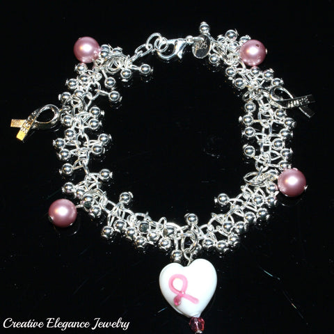 Pink Ribbon Breast Cancer Awareness Silver Charms Bracelet