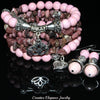 Pink Riverstone And Rhodonite Gemstone, Charms Cuff Wrap Bracelet And Earrings Set.