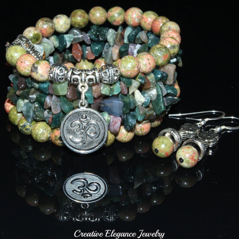 Unakite And Indian Agate Gemstone, Charms Cuff Wrap Bracelet And Earrings Set.
