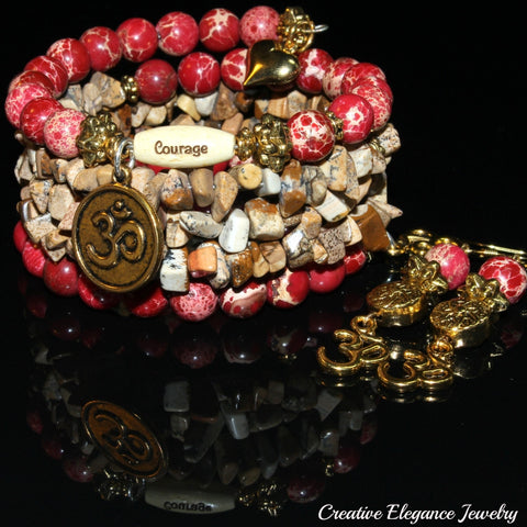 Red Imperial And Picture Jasper Gemstone, Om Charms Cuff Wrap Bracelet And Earrings Set