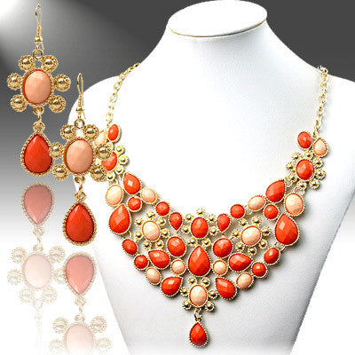 Orange and Pink Statement Necklace & Earrings Set